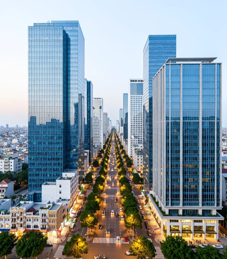 Asian business district at dusk